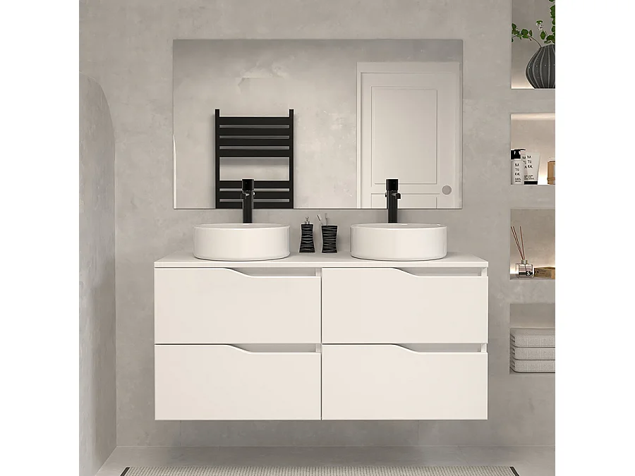 Meuble de salle de bain 120 avec plateau et 2 vasques à poser - 4 tiroirs - blanc - LUNA