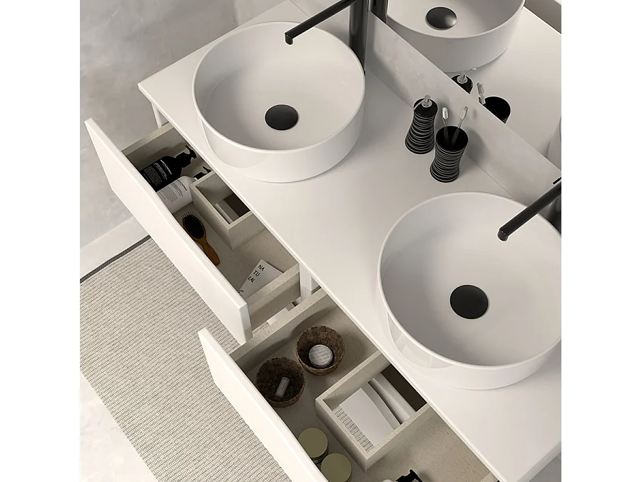 Meuble de salle de bain 120 avec plateau et 2 vasques à poser - 4 tiroirs - blanc - LUNA
