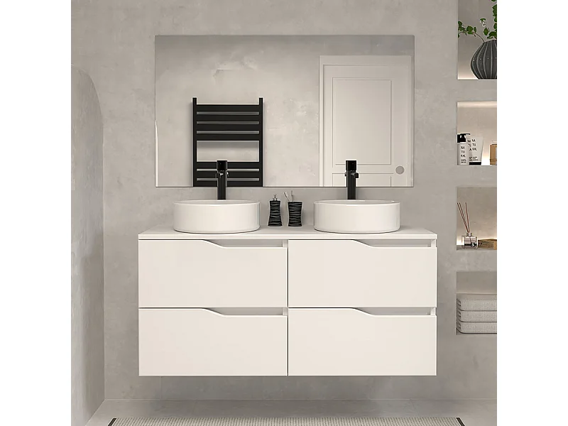 Meuble de salle de bain 120 avec plateau et 2 vasques à poser - 4 tiroirs - blanc - LUNA