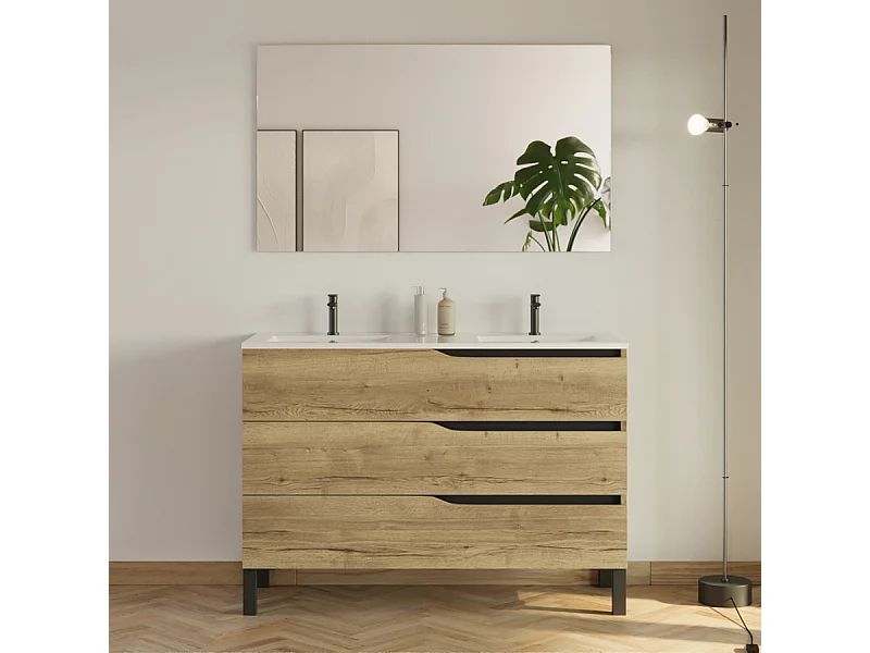 Meuble de salle de bain 120cm avec plan double vasque - 3 tiroirs - madera miel (bois clair) - MATA