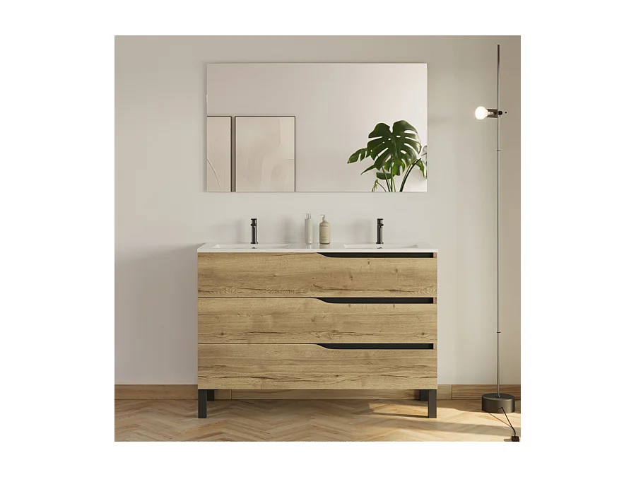 Meuble de salle de bain 120cm avec plan double vasque - 3 tiroirs - madera miel (bois clair) - MATA