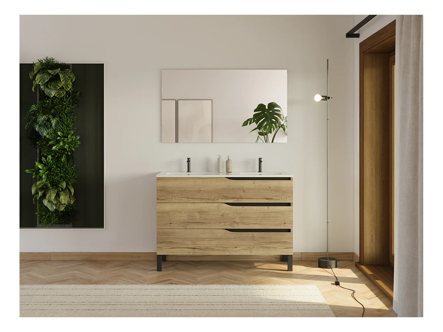 Meuble de salle de bain 120cm avec plan double vasque - 3 tiroirs - madera miel (bois clair) - MATA