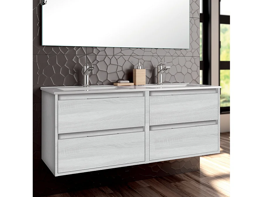 Meuble de salle de bain 120cm double vasque - 4 tiroirs - IRIS - hibernian (bois blanchi)