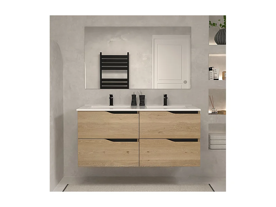 Meuble de salle de bain 140cm double vasque - 4 tiroirs - madera miel (bois clair) - LUNA