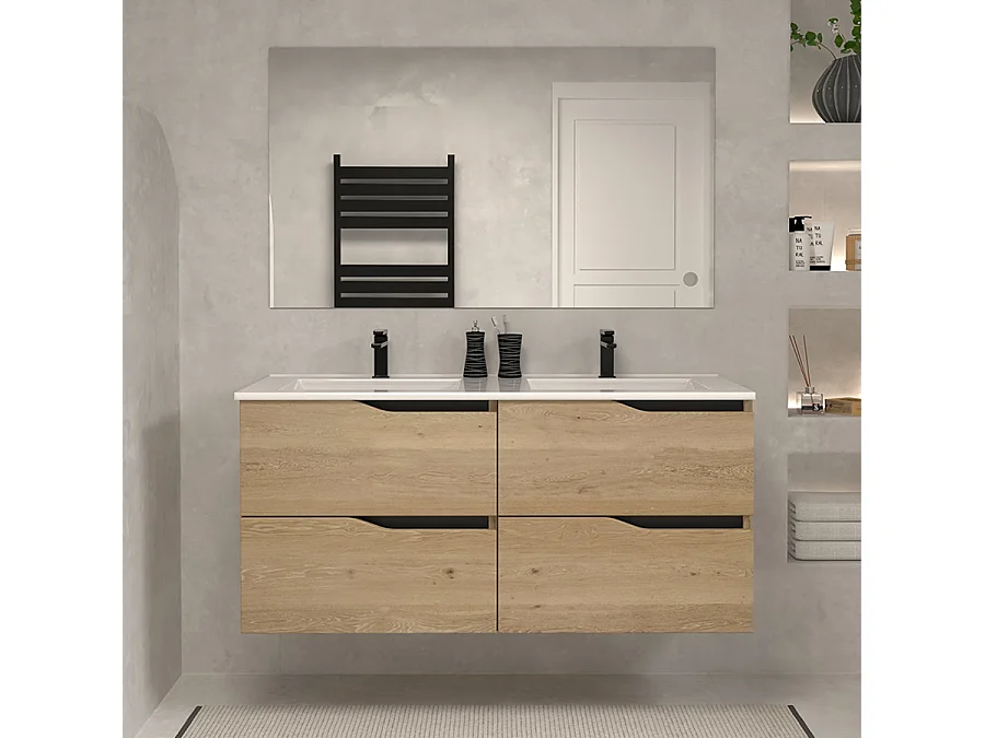 Meuble de salle de bain 140cm double vasque - 4 tiroirs - madera miel (bois clair) - LUNA