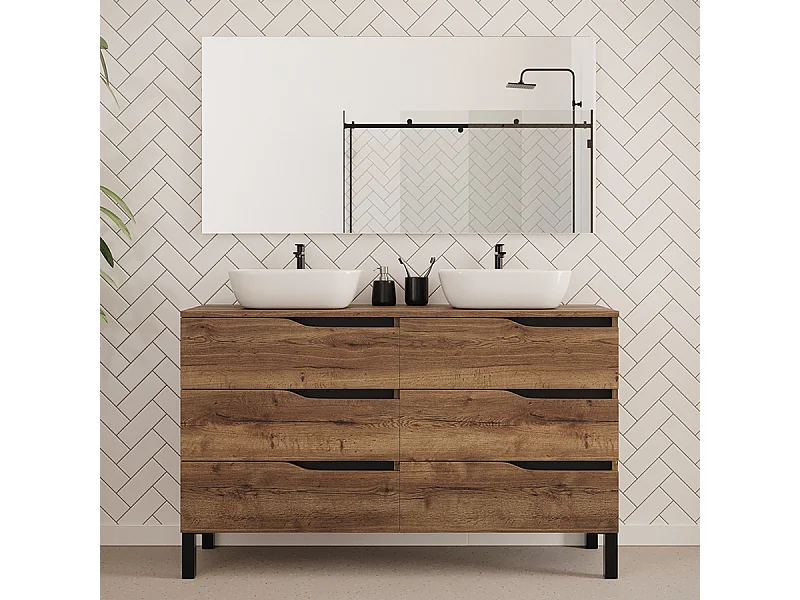 Meuble de salle de bain 140cm avec plateau et deux vasques à poser zeus - 6 tiroirs - tabaco (chêne foncé) - MATA