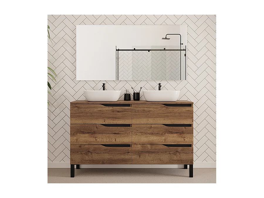 Meuble de salle de bain 140cm avec plateau et deux vasques à poser zeus - 6 tiroirs - tabaco (chêne foncé) - MATA