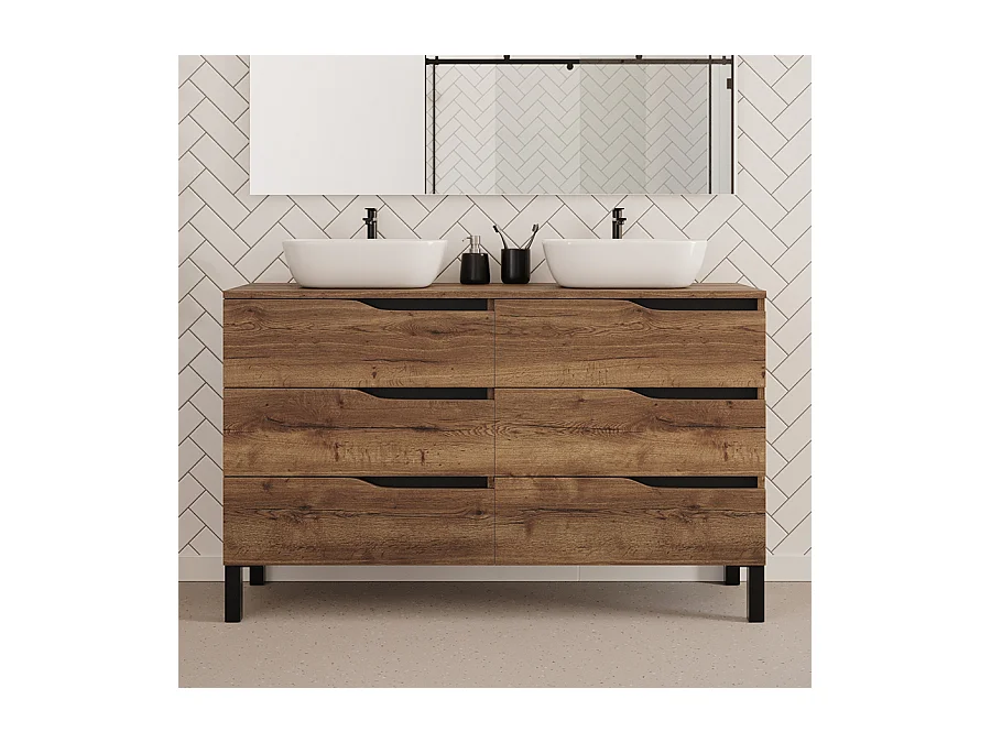 Meuble de salle de bain 140cm avec plateau et deux vasques à poser zeus - 6 tiroirs - tabaco (chêne foncé) - MATA