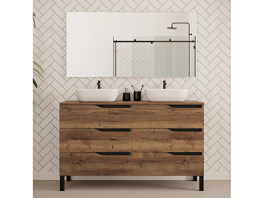 Meuble de salle de bain 140cm avec plateau et deux vasques à poser zeus - 6 tiroirs - tabaco (chêne foncé) - MATA