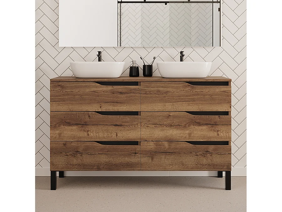 Meuble de salle de bain 140cm avec plateau et deux vasques à poser zeus - 6 tiroirs - tabaco (chêne foncé) - MATA