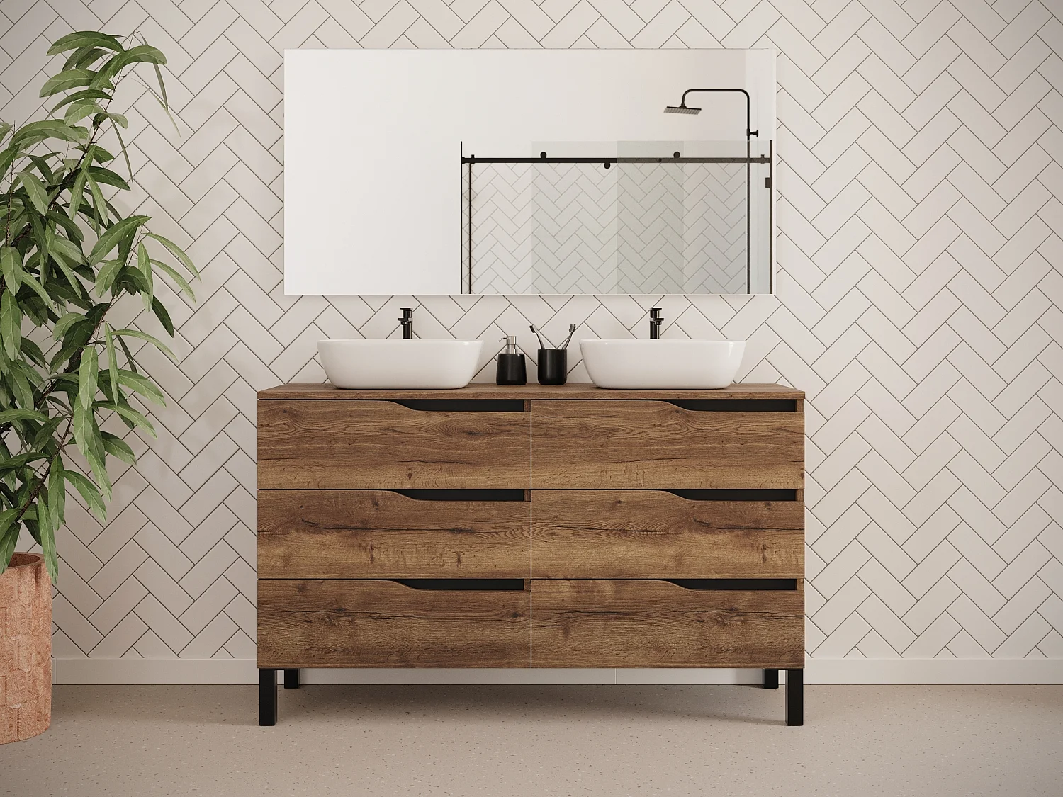 Meuble de salle de bain 140cm avec plateau et deux vasques à poser zeus - 6 tiroirs - tabaco (chêne foncé) - MATA