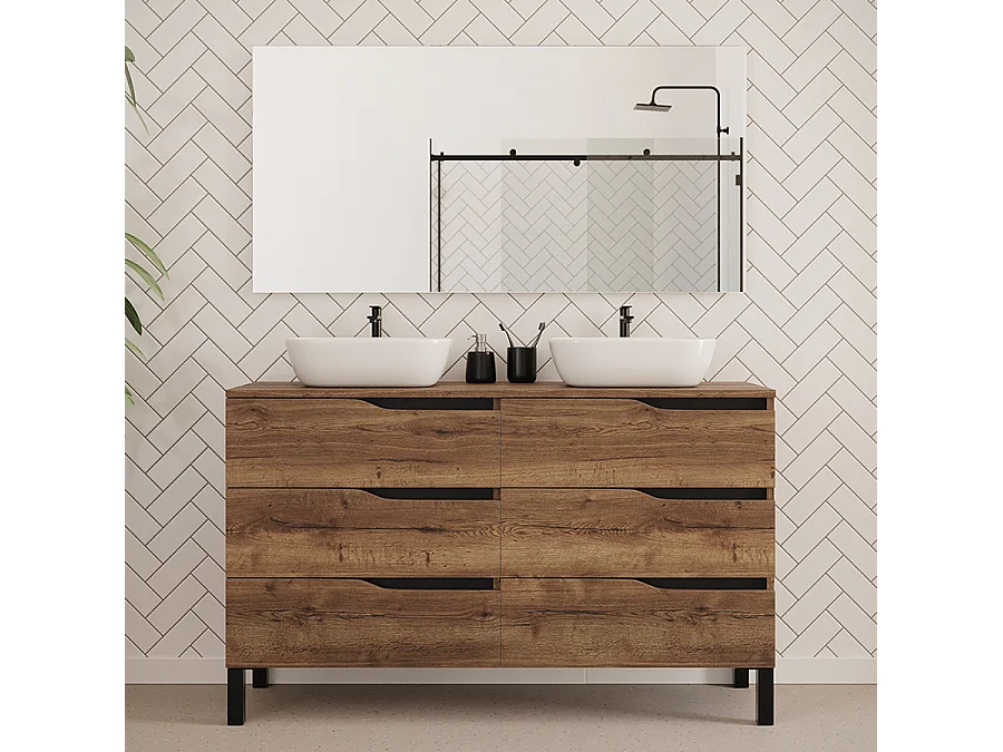 Meuble de salle de bain 140cm avec plateau et deux vasques à poser zeus - 6 tiroirs - tabaco (chêne foncé) - MATA