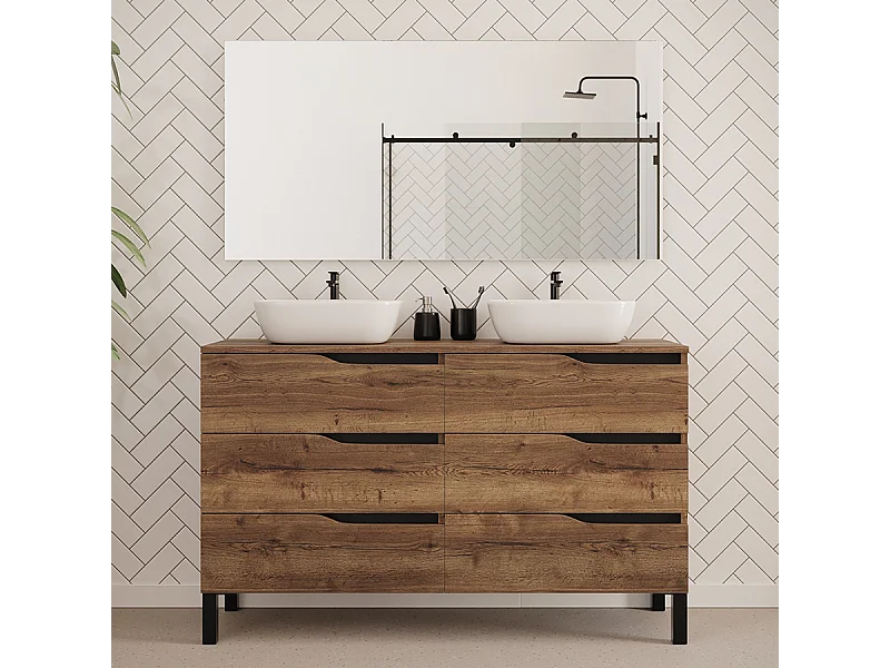 Meuble de salle de bain 140cm avec plateau et deux vasques à poser zeus - 6 tiroirs - tabaco (chêne foncé) - MATA