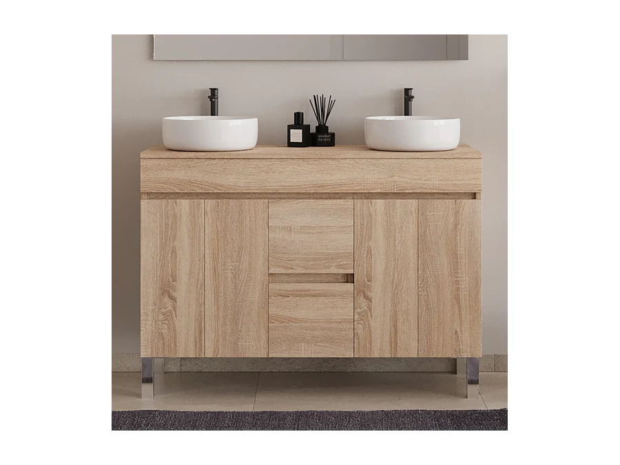 Meuble de salle de bain 120cm sur pieds avec plateau et deux cuves à poser rondes - sans miroir - portes et tiroirs - cambrian (chêne clair) - HARO