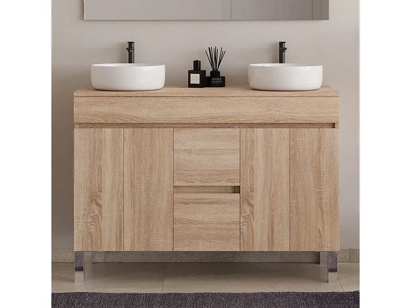Meuble de salle de bain 120cm sur pieds avec plateau et deux cuves à poser rondes - sans miroir - portes et tiroirs - cambrian (chêne clair) - HARO