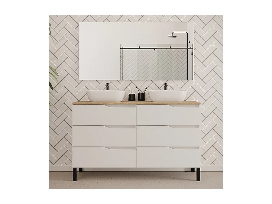 Meuble de salle de bain 140cm avec plateau miel et deux vasques à poser zeus - 6 tiroirs - blanc - MATA