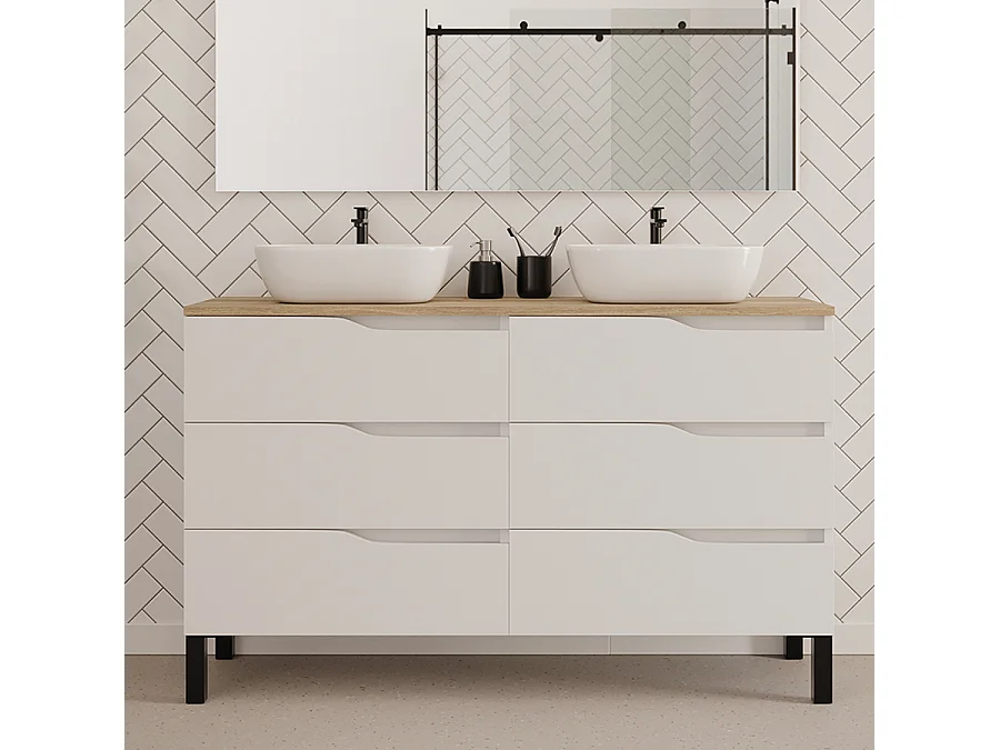 Meuble de salle de bain 140cm avec plateau miel et deux vasques à poser zeus - 6 tiroirs - blanc - MATA