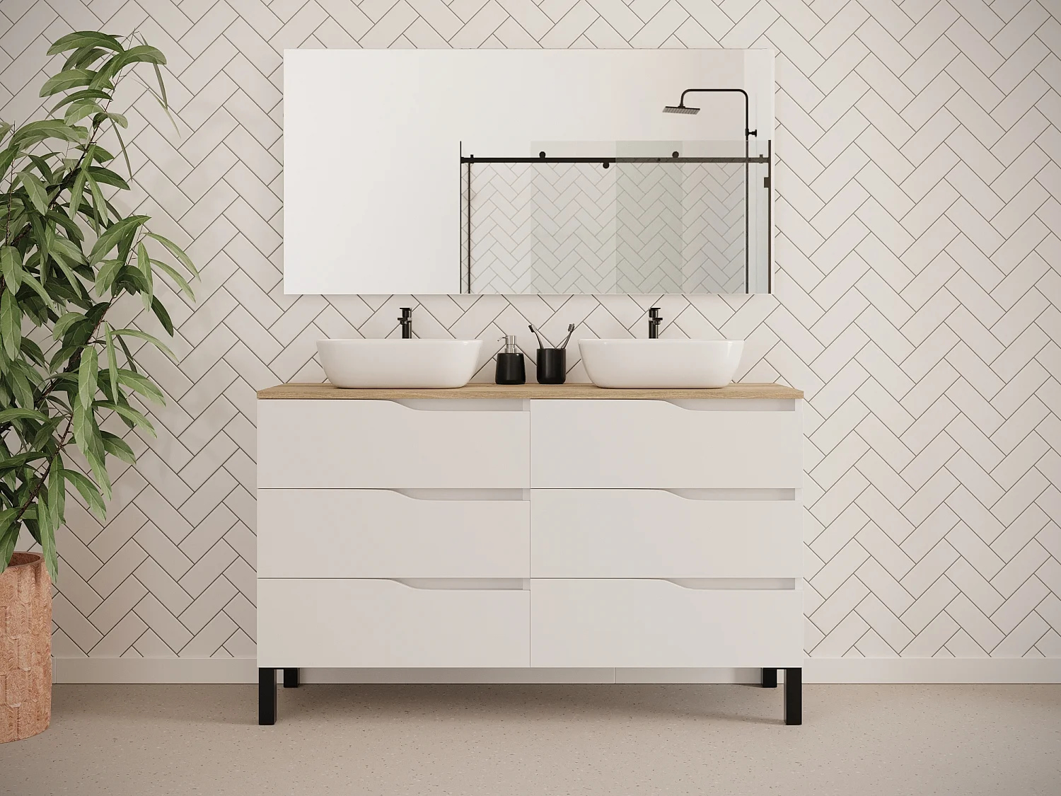 Meuble de salle de bain 140cm avec plateau miel et deux vasques à poser zeus - 6 tiroirs - blanc - MATA