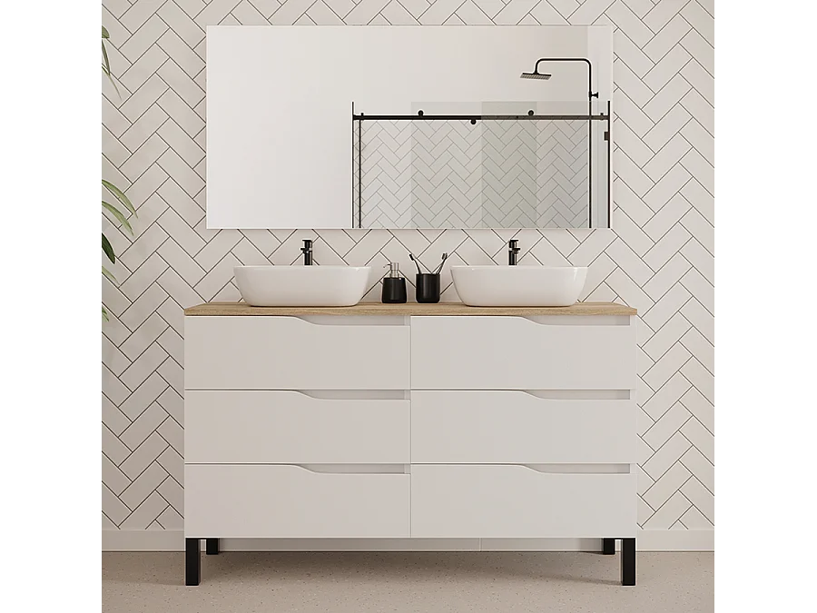 Meuble de salle de bain 140cm avec plateau miel et deux vasques à poser zeus - 6 tiroirs - blanc - MATA