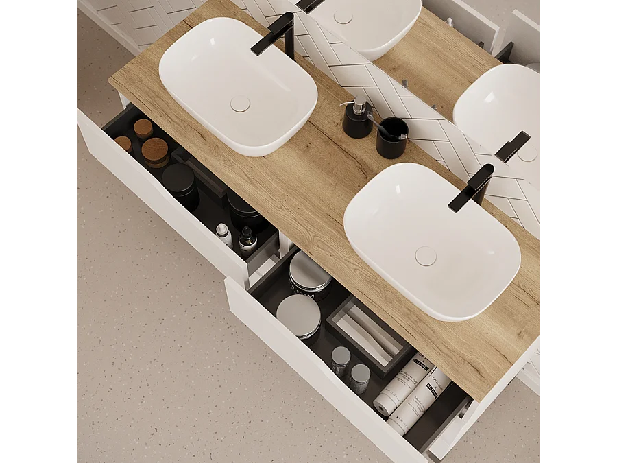 Meuble de salle de bain 140cm avec plateau miel et deux vasques à poser zeus - 6 tiroirs - blanc - MATA
