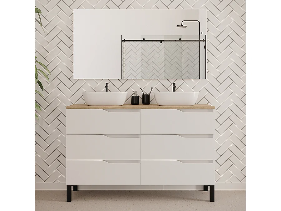 Meuble de salle de bain 140cm avec plateau miel et deux vasques à poser zeus - 6 tiroirs - blanc - MATA