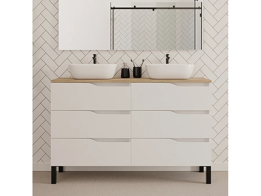 Meuble de salle de bain 140cm avec plateau miel et deux vasques à poser zeus - 6 tiroirs - blanc - MATA