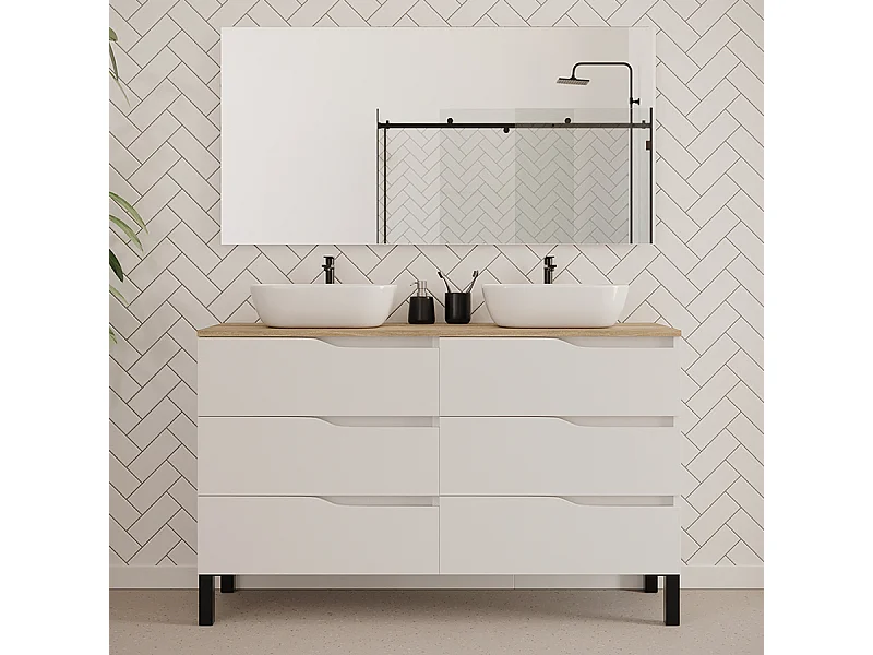 Meuble de salle de bain 140cm avec plateau miel et deux vasques à poser zeus - 6 tiroirs - blanc - MATA