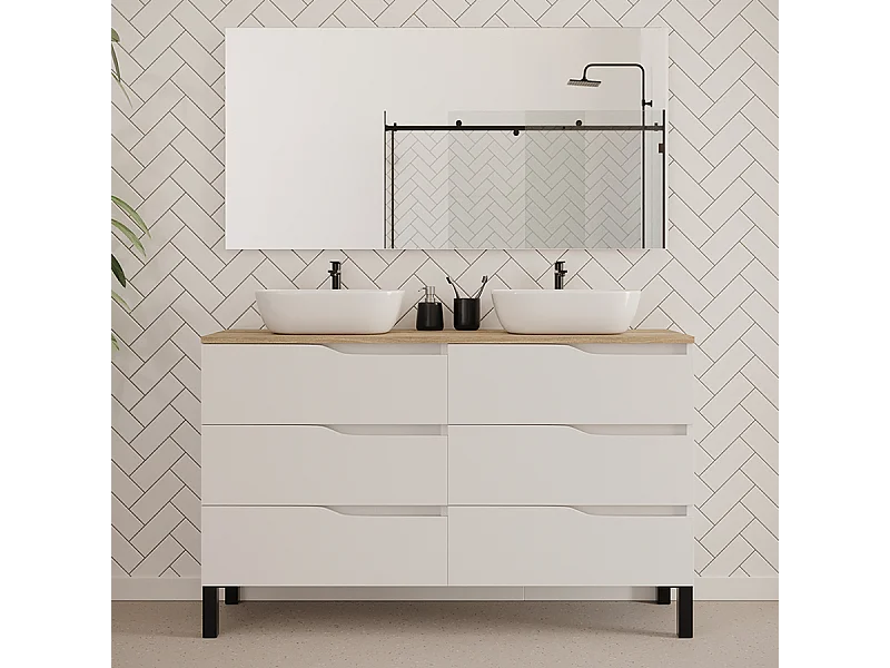 Meuble de salle de bain 140cm avec plateau miel et deux vasques à poser zeus - 6 tiroirs - blanc - MATA