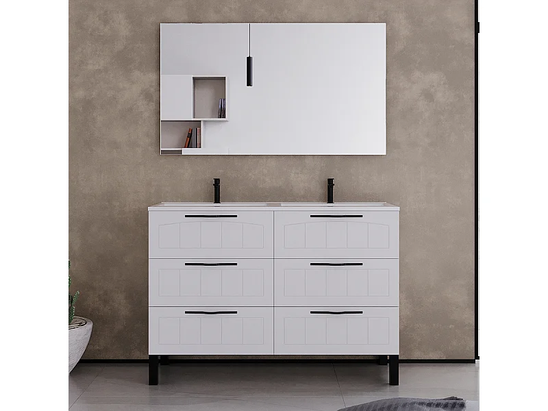 Meuble de salle de bain 120cm double vasque - 6 tiroirs - blanc - CALA