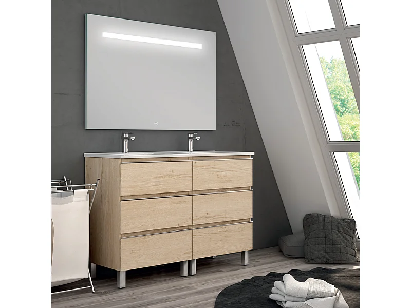 Meuble de salle de bain double vasque - 6 tiroirs - PALMA et miroir Led STAM - bambou (chêne clair) - 120cm