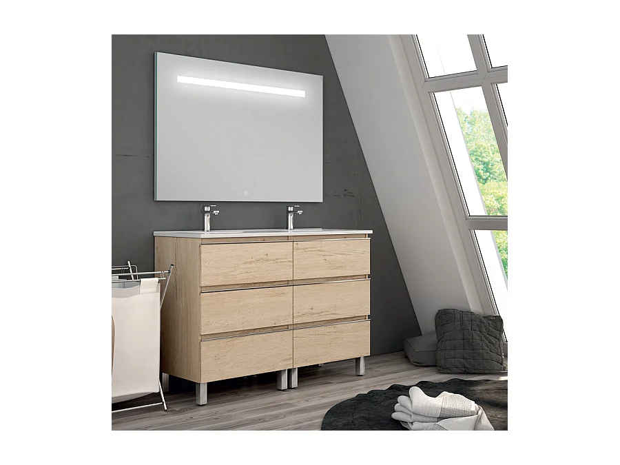 Meuble de salle de bain double vasque - 6 tiroirs - PALMA et miroir Led STAM - bambou (chêne clair) - 120cm