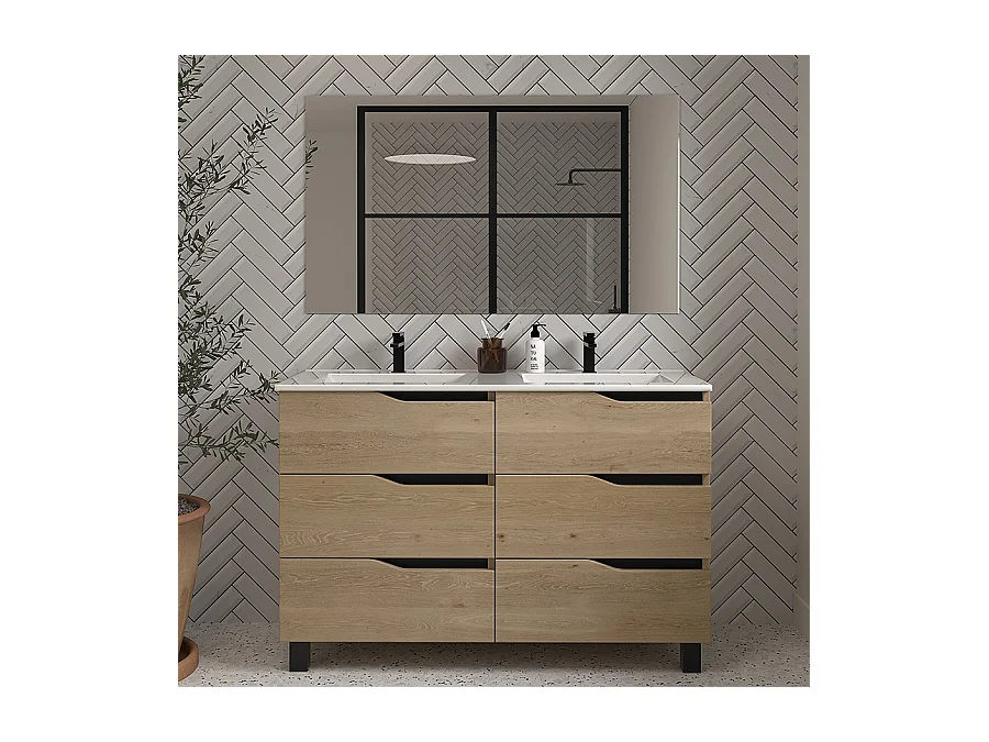 Meuble de salle de bain 140cm double vasque - 6 tiroirs - madera miel (bois clair) - MATA