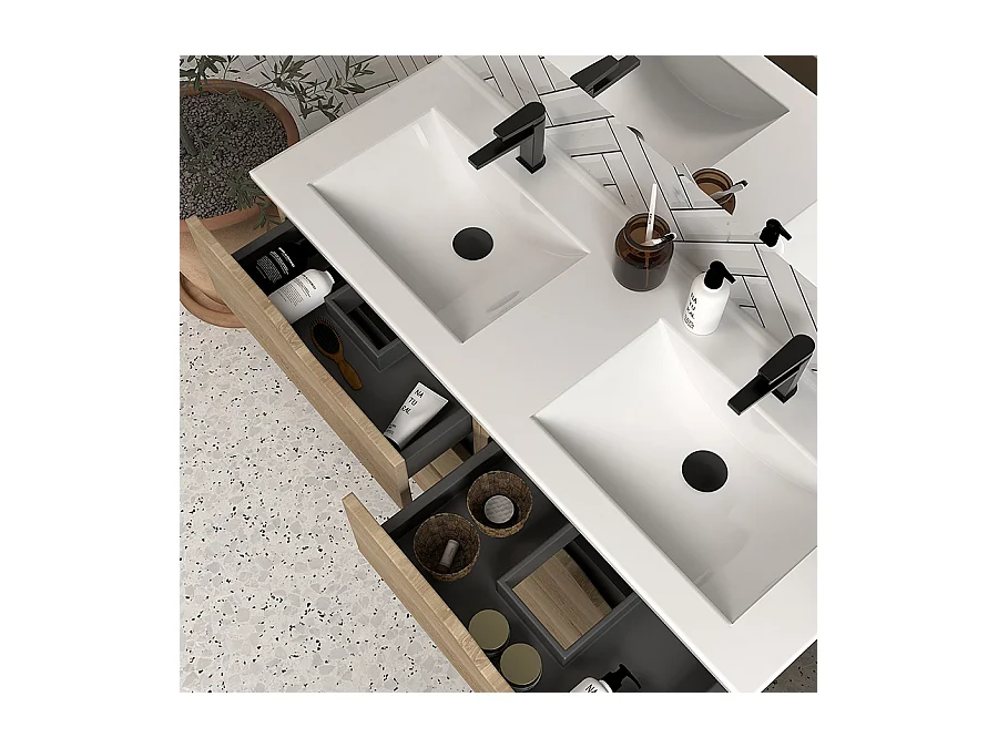 Meuble de salle de bain 140cm double vasque - 6 tiroirs - madera miel (bois clair) - MATA