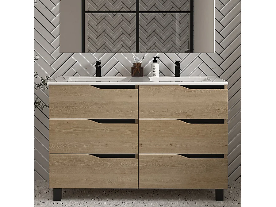 Meuble de salle de bain 140cm double vasque - 6 tiroirs - madera miel (bois clair) - MATA