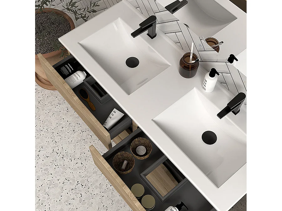 Meuble de salle de bain 140cm double vasque - 6 tiroirs - madera miel (bois clair) - MATA