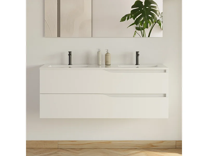 Meuble de salle de bain 120cm avec plan double vasque - 2 tiroirs - sans miroir - blanc - LUNA