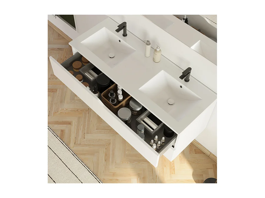 Meuble de salle de bain 120cm avec plan double vasque - 2 tiroirs - sans miroir - blanc - LUNA