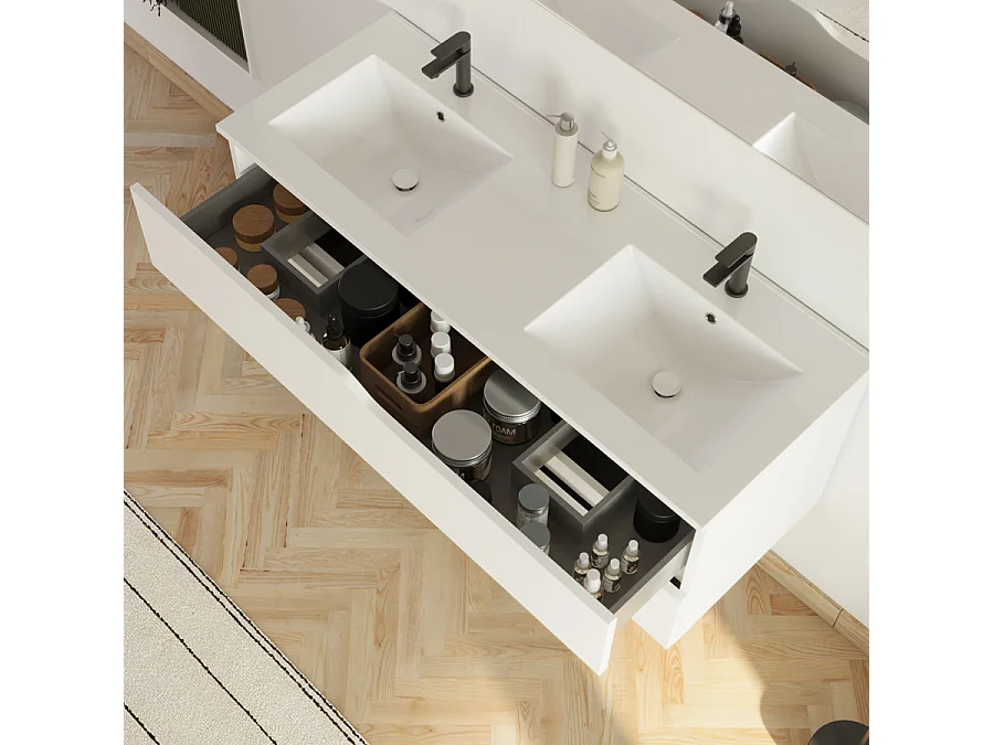 Meuble de salle de bain 120cm avec plan double vasque - 2 tiroirs - sans miroir - blanc - LUNA