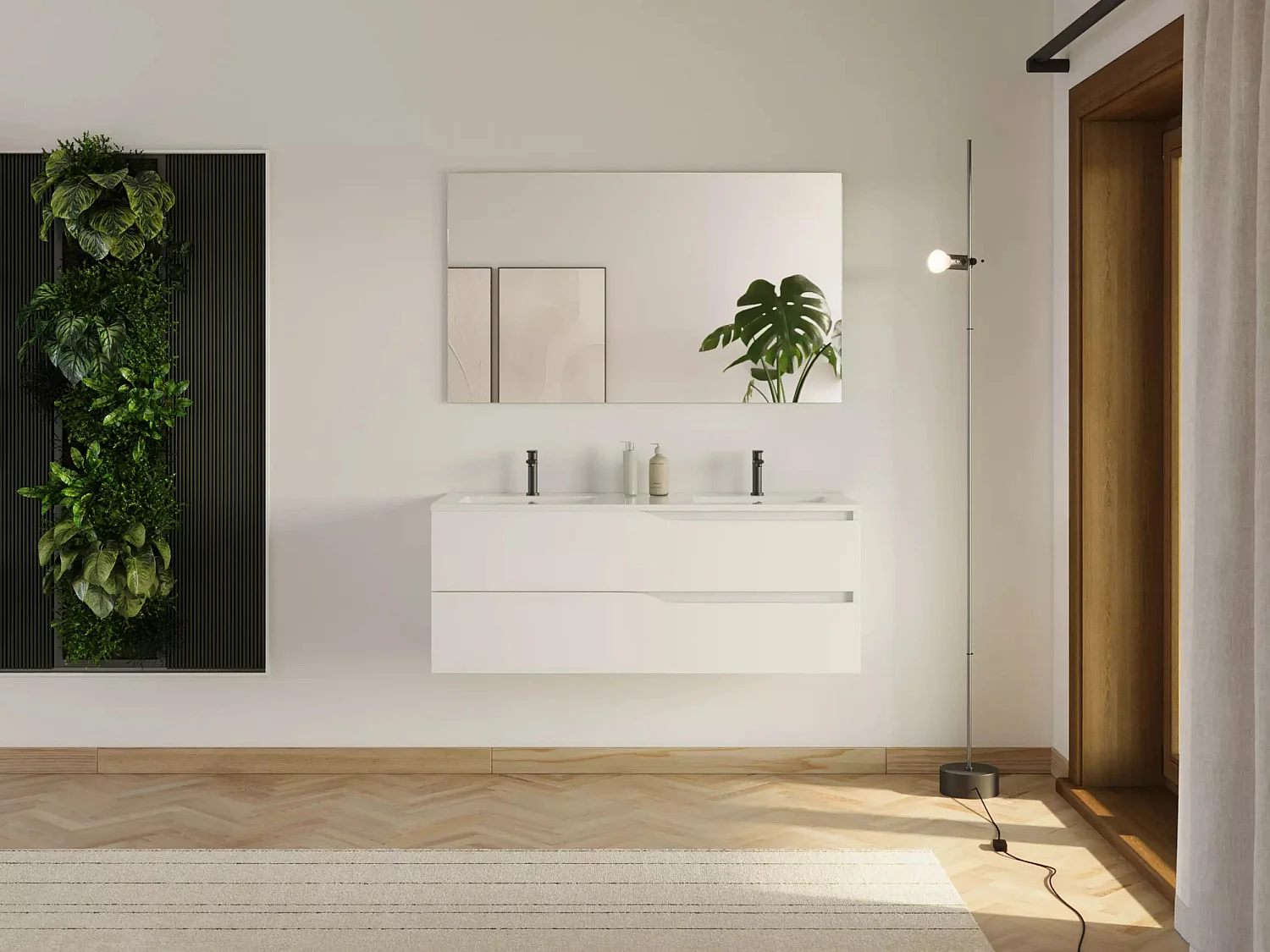 Meuble de salle de bain 120cm avec plan double vasque - 2 tiroirs - sans miroir - blanc - LUNA