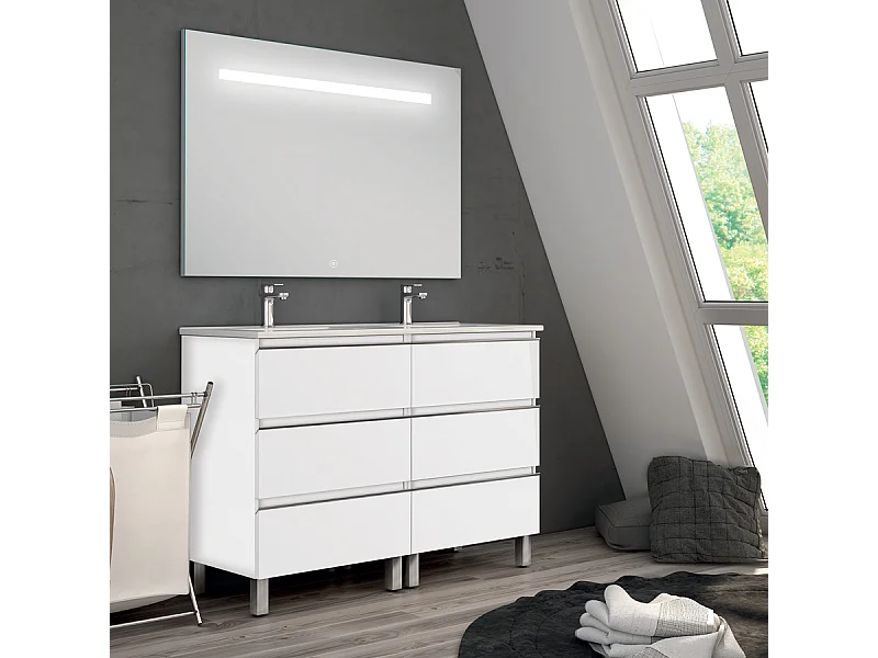 Meuble de salle de bain double vasque - 6 tiroirs - PALMA et miroir Led STAM - blanc - 120cm