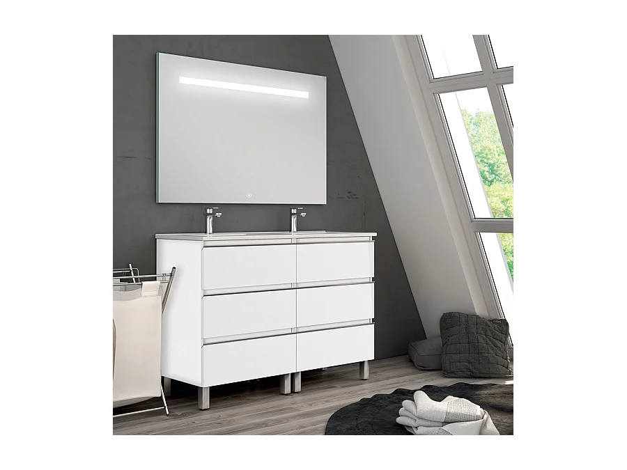 Meuble de salle de bain double vasque - 6 tiroirs - PALMA et miroir Led STAM - blanc - 120cm