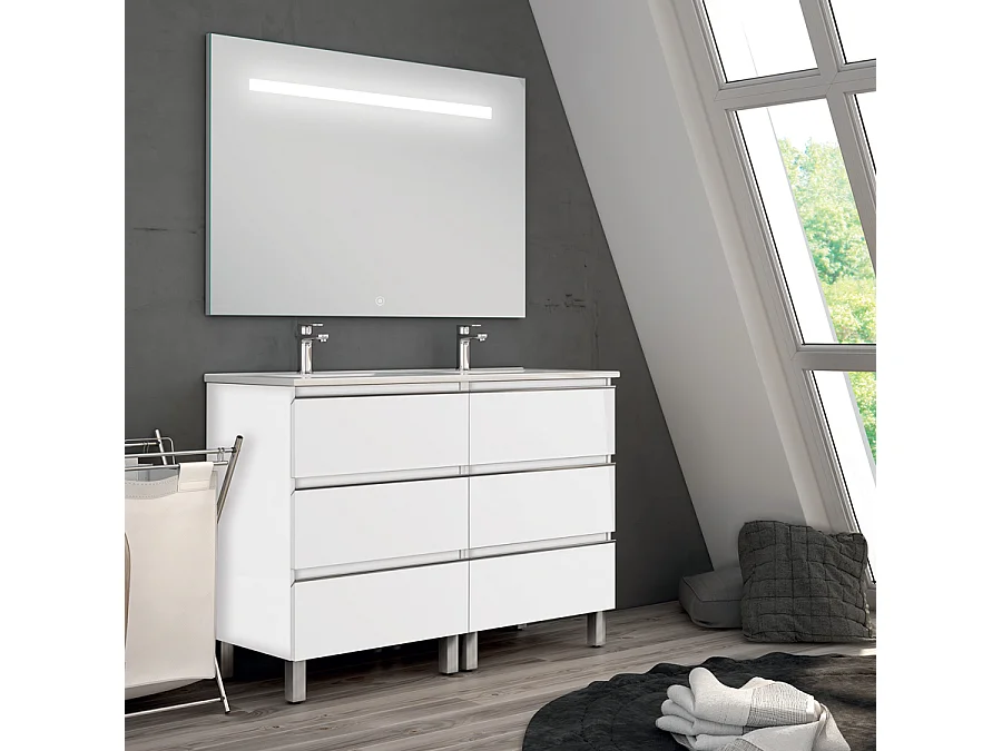 Meuble de salle de bain double vasque - 6 tiroirs - PALMA et miroir Led STAM - blanc - 120cm