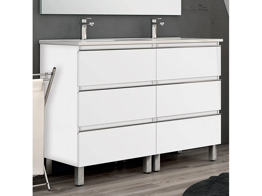 Meuble de salle de bain double vasque - 6 tiroirs - PALMA et miroir Led STAM - blanc - 120cm