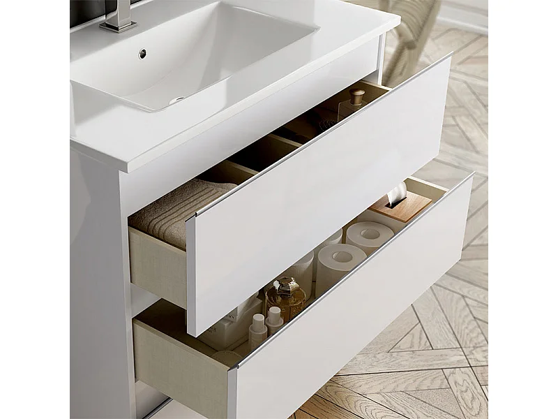 Meuble de salle de bain double vasque - 6 tiroirs - PALMA et miroir Led STAM - blanc - 120cm