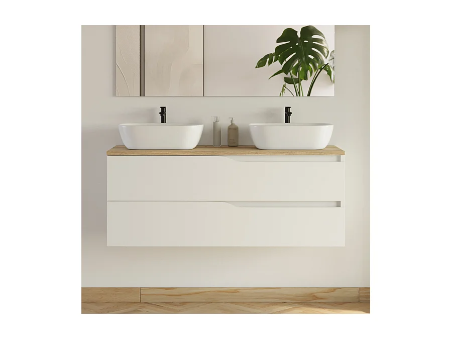 Meuble de salle de bain 120cm avec plateau miel et 2 vasques à poser Zeus - 2 tiroirs - sans miroir - blanc - LUNA