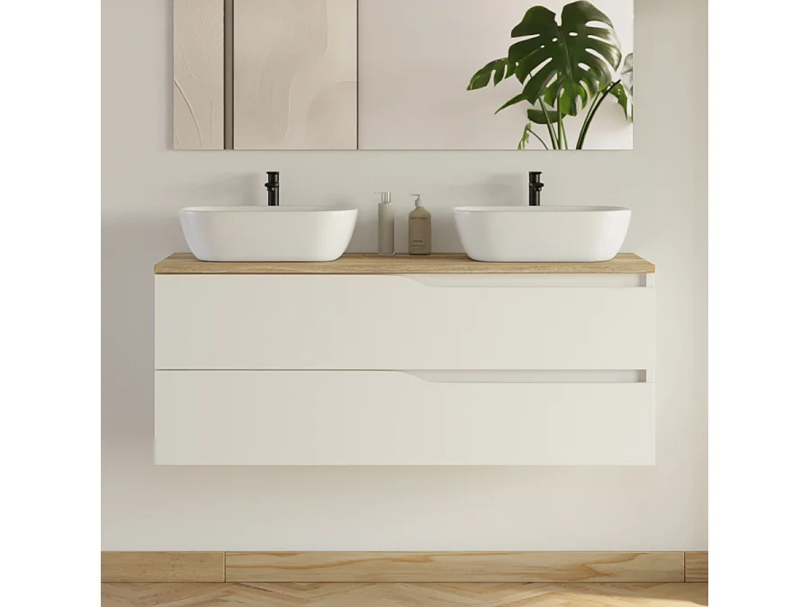 Meuble de salle de bain 120cm avec plateau miel et 2 vasques à poser Zeus - 2 tiroirs - sans miroir - blanc - LUNA
