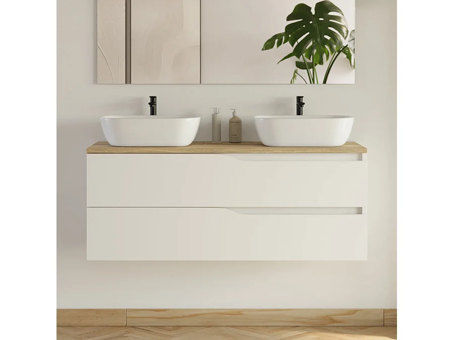 Meuble de salle de bain 120cm avec plateau miel et 2 vasques à poser Zeus - 2 tiroirs - sans miroir - blanc - LUNA