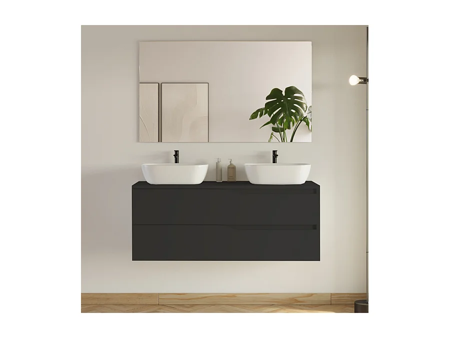 Meuble de salle de bain 120cm avec plateau et 2 vasques à poser Zeus - 2 tiroirs - noir - LUNA