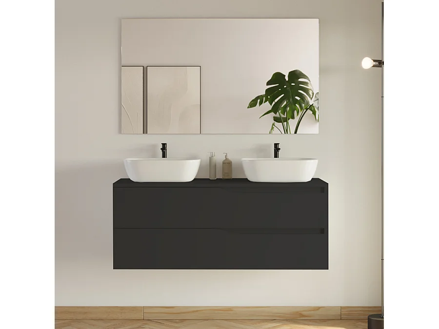Meuble de salle de bain 120cm avec plateau et 2 vasques à poser Zeus - 2 tiroirs - noir - LUNA