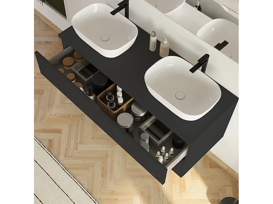 Meuble de salle de bain 120cm avec plateau et 2 vasques à poser Zeus - 2 tiroirs - noir - LUNA